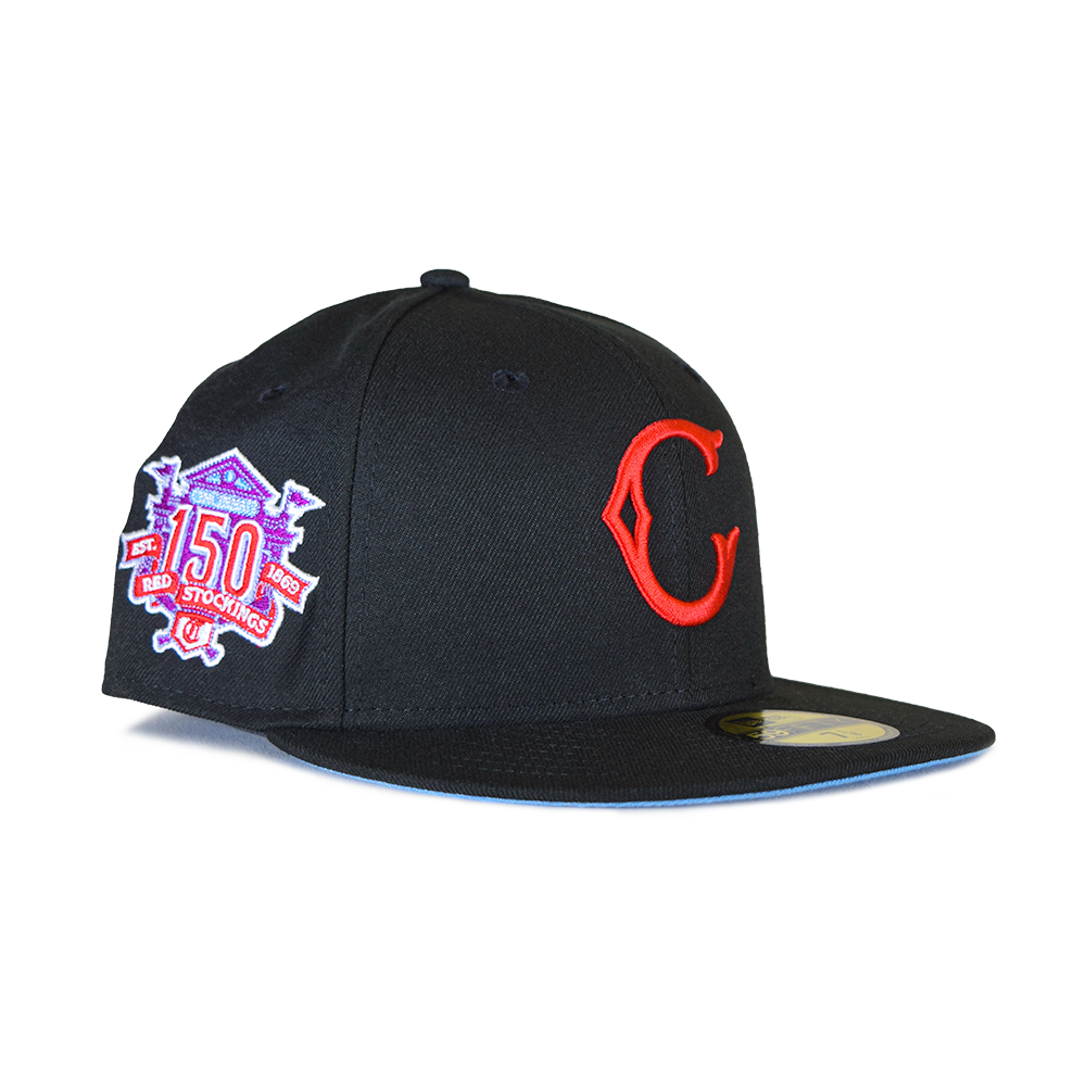 NEW ERA 59FIFTY MLB CINCINNATI REDS RED STOCKINGS 1869 BLACK / GREY UV  FITTED TRUCKER CAP